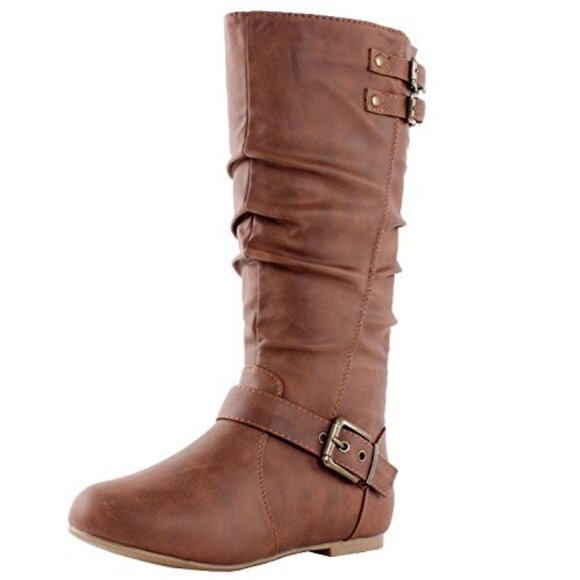 Top Moda Tan Slouch Mid-Calf Boots – Round Toe Buckle Detail Flat Heel Casual - Picture 4 of 5